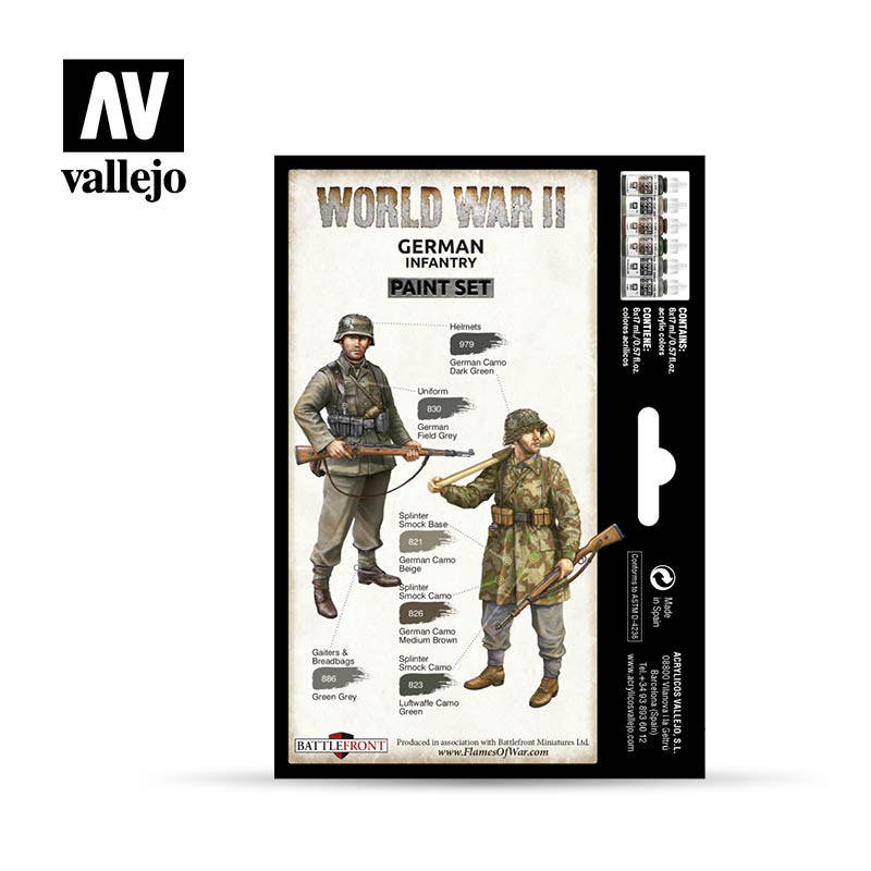 Acrylicos Vallejo WWII German Infantry Color Paint Set, 1/2 fl. oz. bottles, 6 Colors