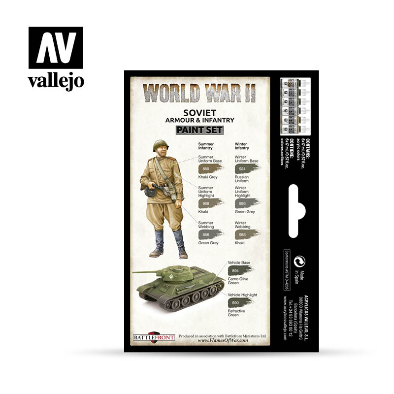 Acrylicos Vallejo Ensemble de peinture de couleur pour armure et infanterie soviétique de la Seconde Guerre mondiale, 1/2 fl. onces. bouteilles, 6 couleurs