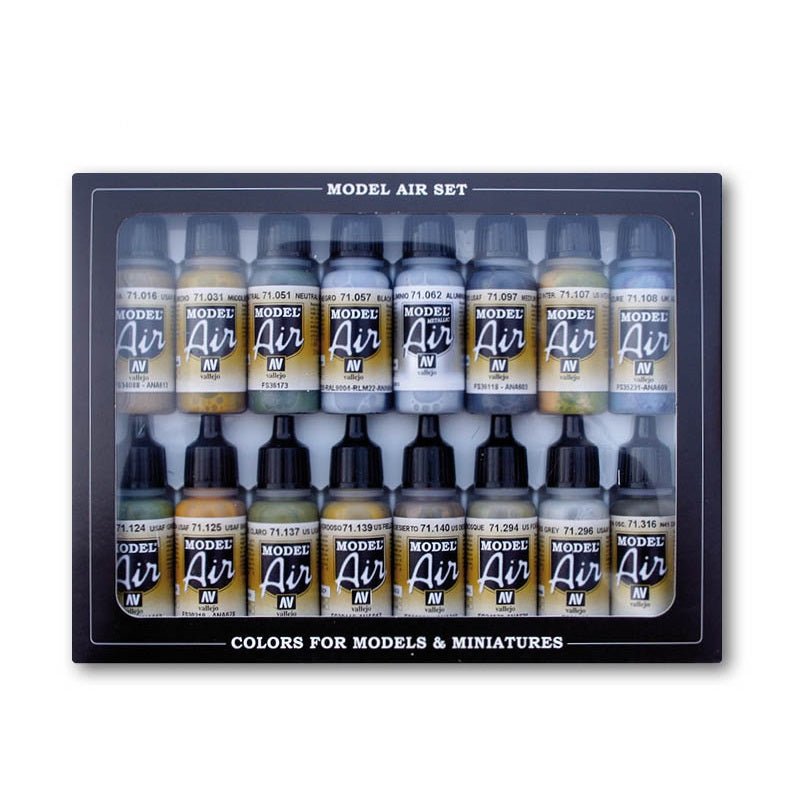 Acrylicos Vallejo WWII US Army Air Force Colors Model Air Paint Set, 1/2 fl. oz. bottles, 16 Colors - Micro - Mark Acrylic Airbrush Paint