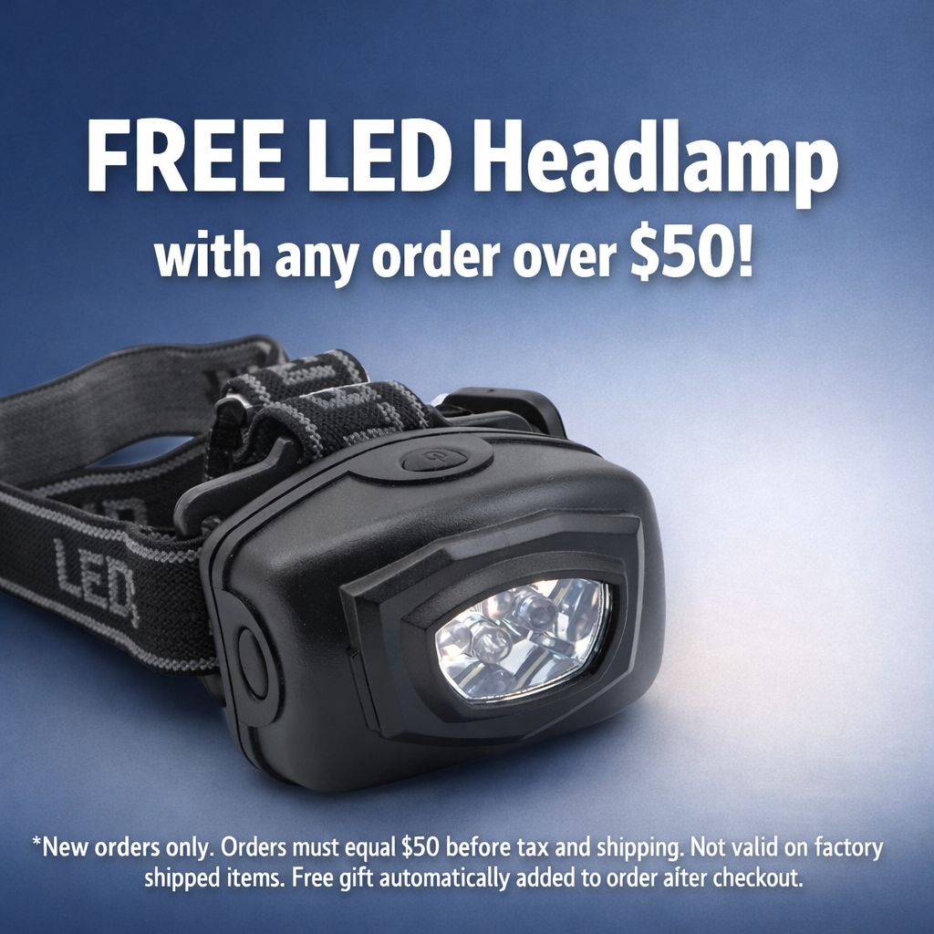 Black LED headlamp with promotional text on a blue background