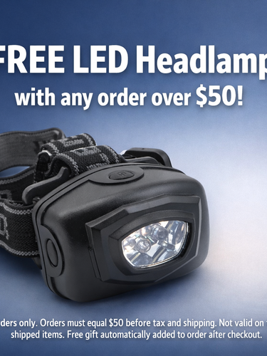 Black LED headlamp with promotional text on a blue background