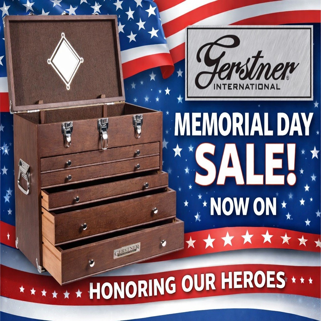 Wooden chest with open lid on a background featuring an American flag and Gerstner International branding for a Memorial Day sale.