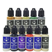 Set of Micro Mark acrylic paint bottles on a white background