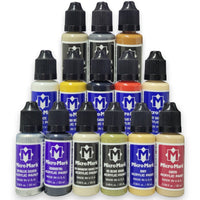 Collection of Micro Mark acrylic paint bottles in various colors on a white background