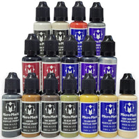 Collection of Micro Mark acrylic paint bottles in various colors on a white background