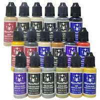Collection of Micro Mark acrylic paint bottles in various colors on a white background