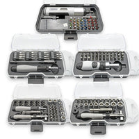 Set of tools in clear cases on a white background