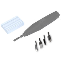 Set of tools including a long gray tool and four smaller metallic bits on a white background