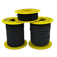 Three spools of black cable on yellow spools with labels against a white background