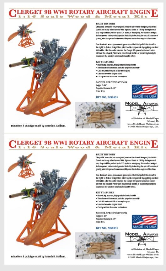Model Airways Clerget 9B WWI Rotary Aircraft Engine Wood/Metal Kit, 1:16 Scale