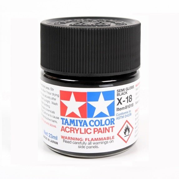 Tamiya Acrylic X-18 Semi Gloss Black Paint 23ml Bottles - Box of 6