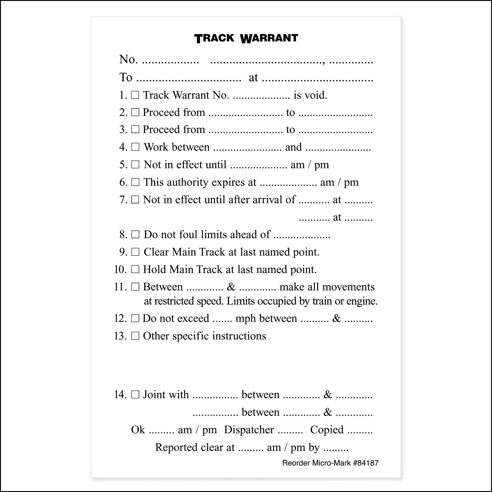 Track Warrants (Pkg. of 10 Pads)