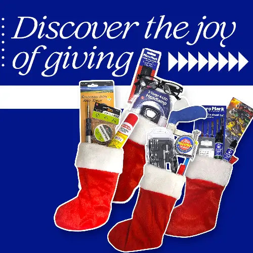Red Christmas stockings filled with various items on a blue background with text 'Discover the joy of giving'.