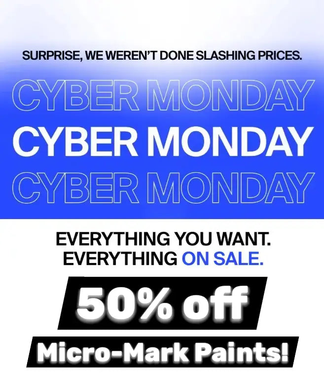 Cyber Monday advertisement for Micro-Mark Paints with text and color blocks.