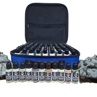 Collection of small bottles with black caps and visible branding on a blue organizer, surrounded by model tanks.