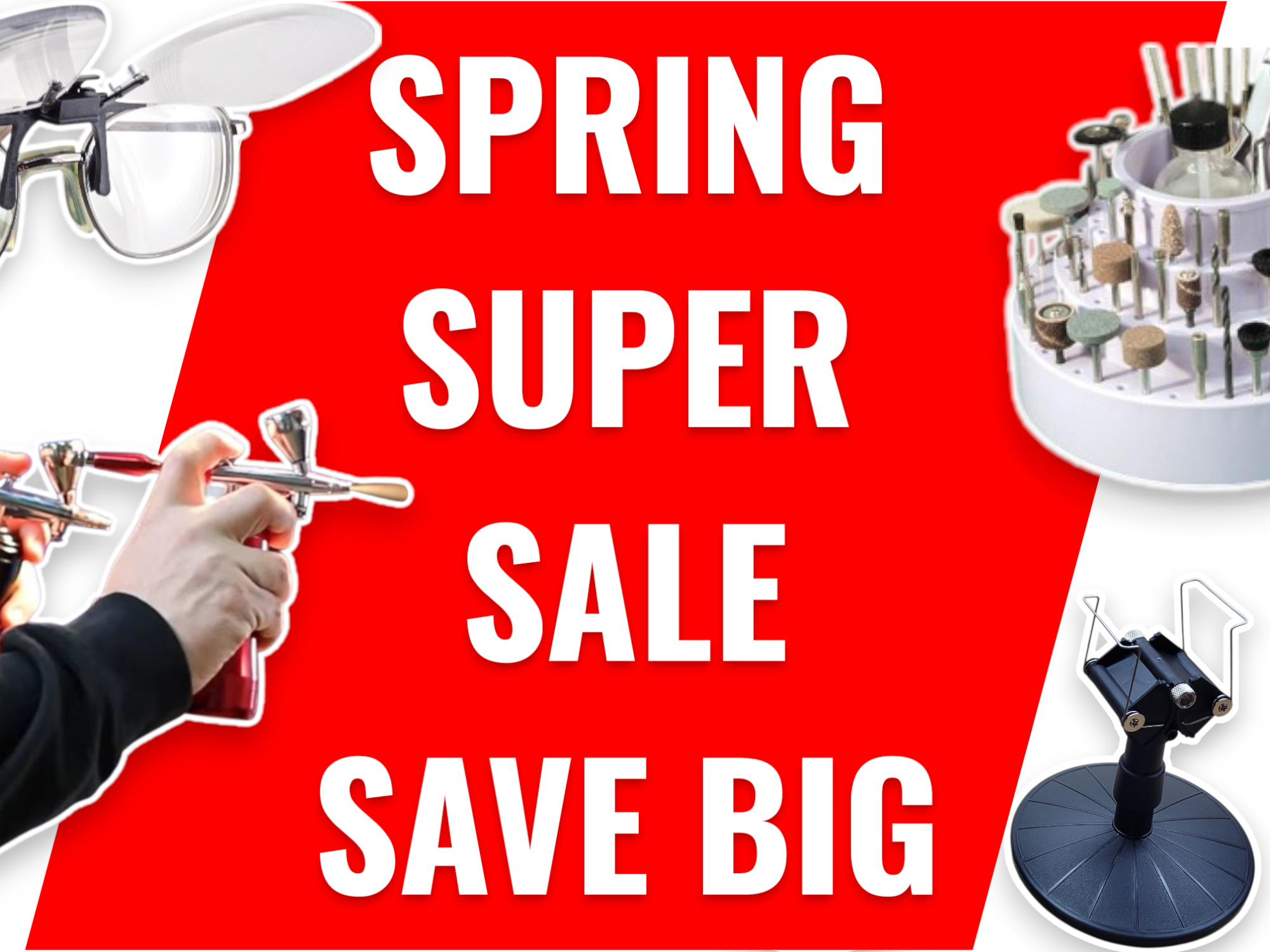 Spring super sale advertisement with tools and a hand holding an airbrush on a red background.
