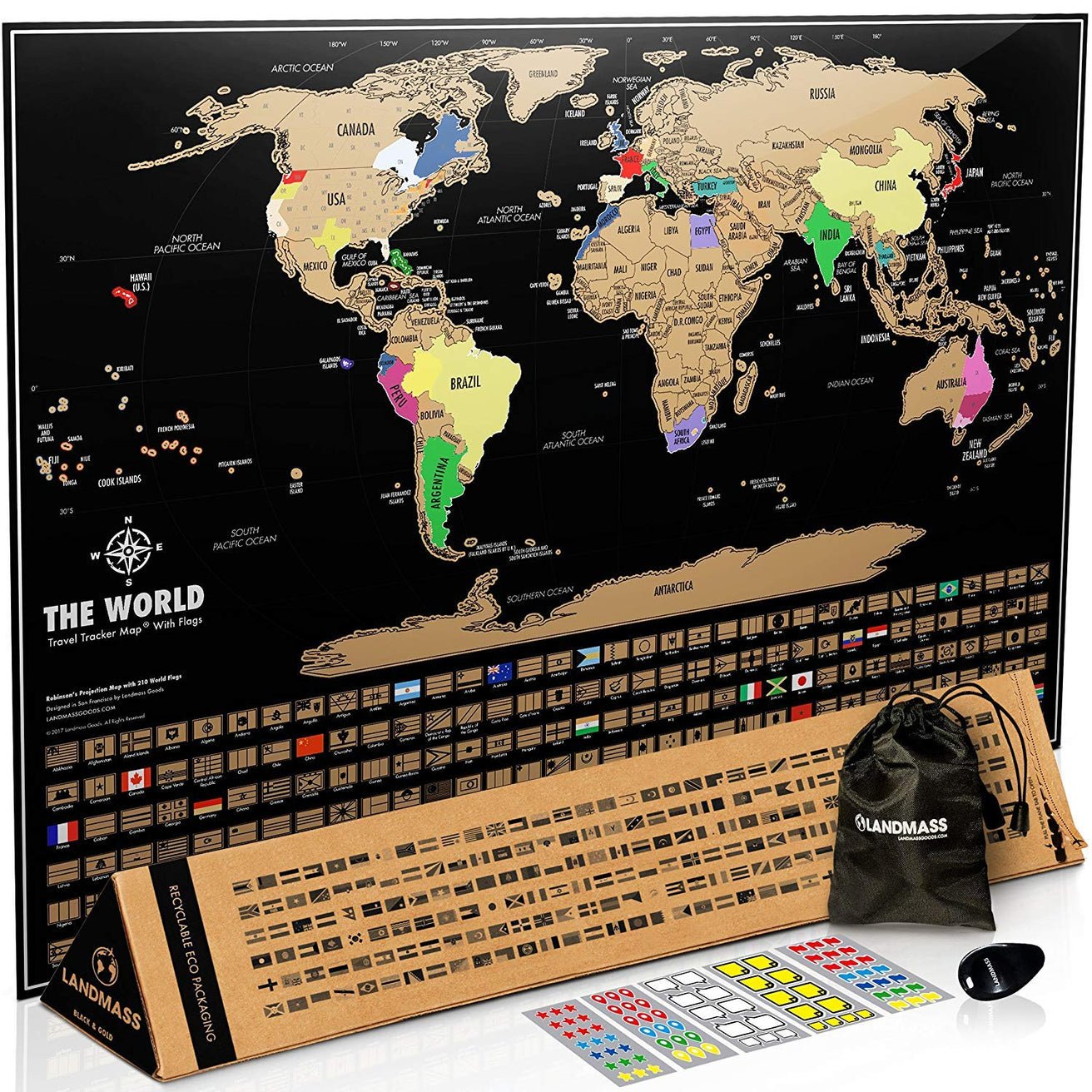 World Travel Scratch off Tracker Map, Black and Gold